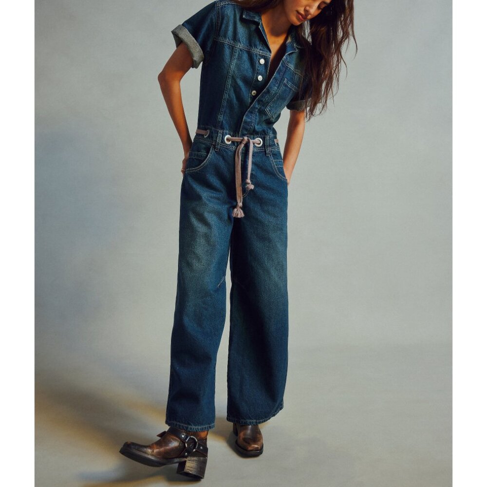 FREE PEOPLE We The Free Edison Wide Leg Coverall / Cerulean Skies size large new